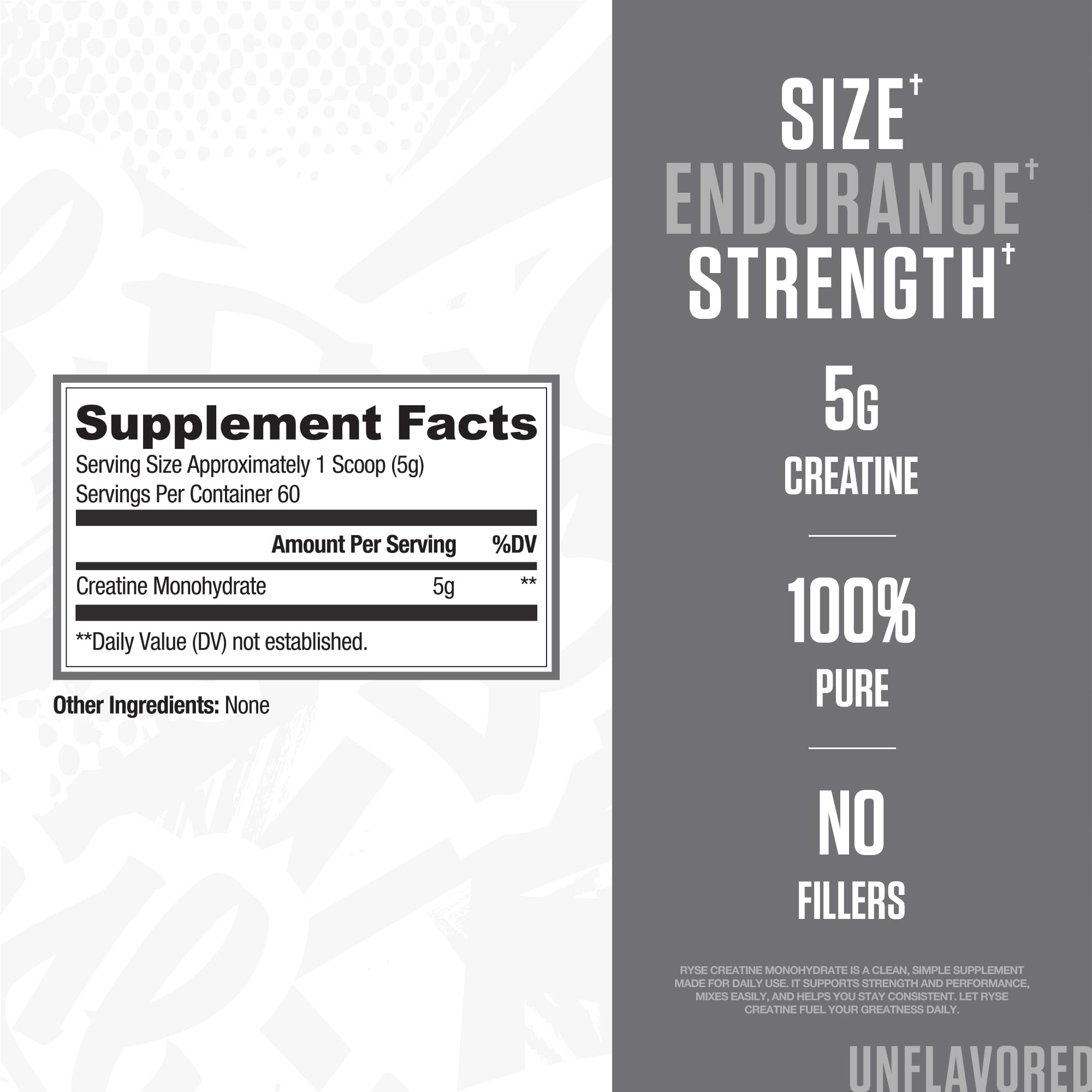 RYSE Creatine Monohydrate powder scoop emphasizes pure creatine for power and endurance.