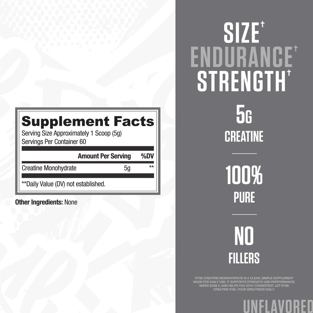 RYSE Creatine Monohydrate powder scoop emphasizes pure creatine for power and endurance.