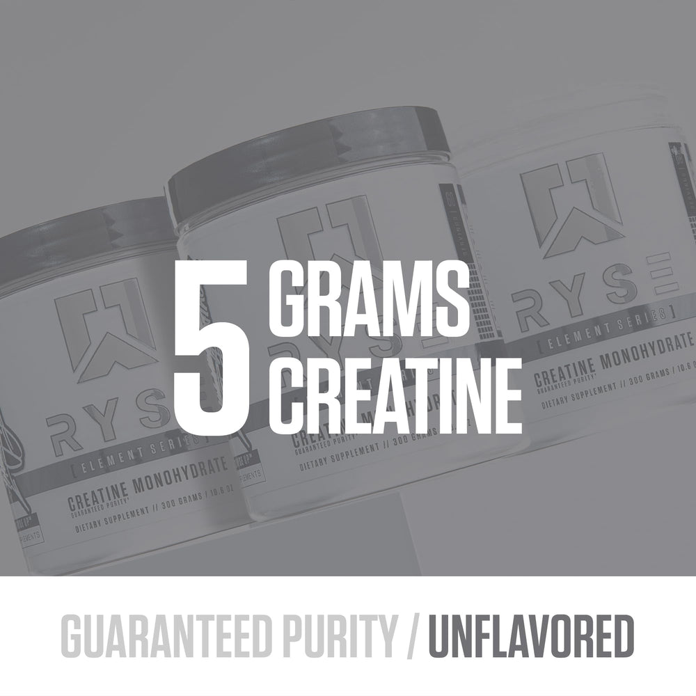 RYSE Creatine Monohydrate unflavored label close-up communicates USA-made quality.