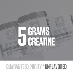 RYSE Creatine Monohydrate unflavored label close-up communicates USA-made quality.