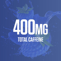 RYSE Godzilla scoop beside the bottle shows 400mg caffeine per serving for performance.