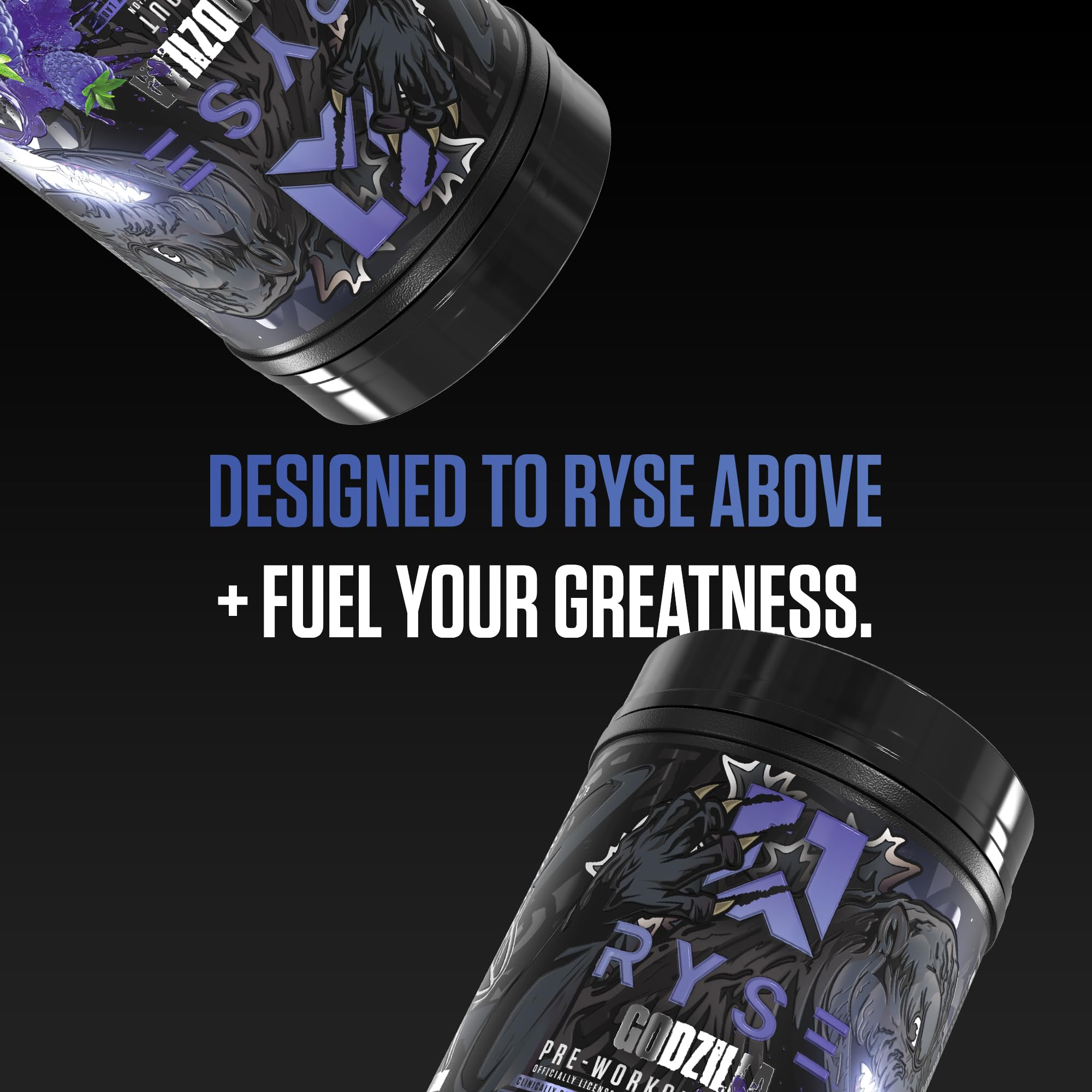 RYSE Godzilla label close-up highlights electrolytes and minerals for endurance.