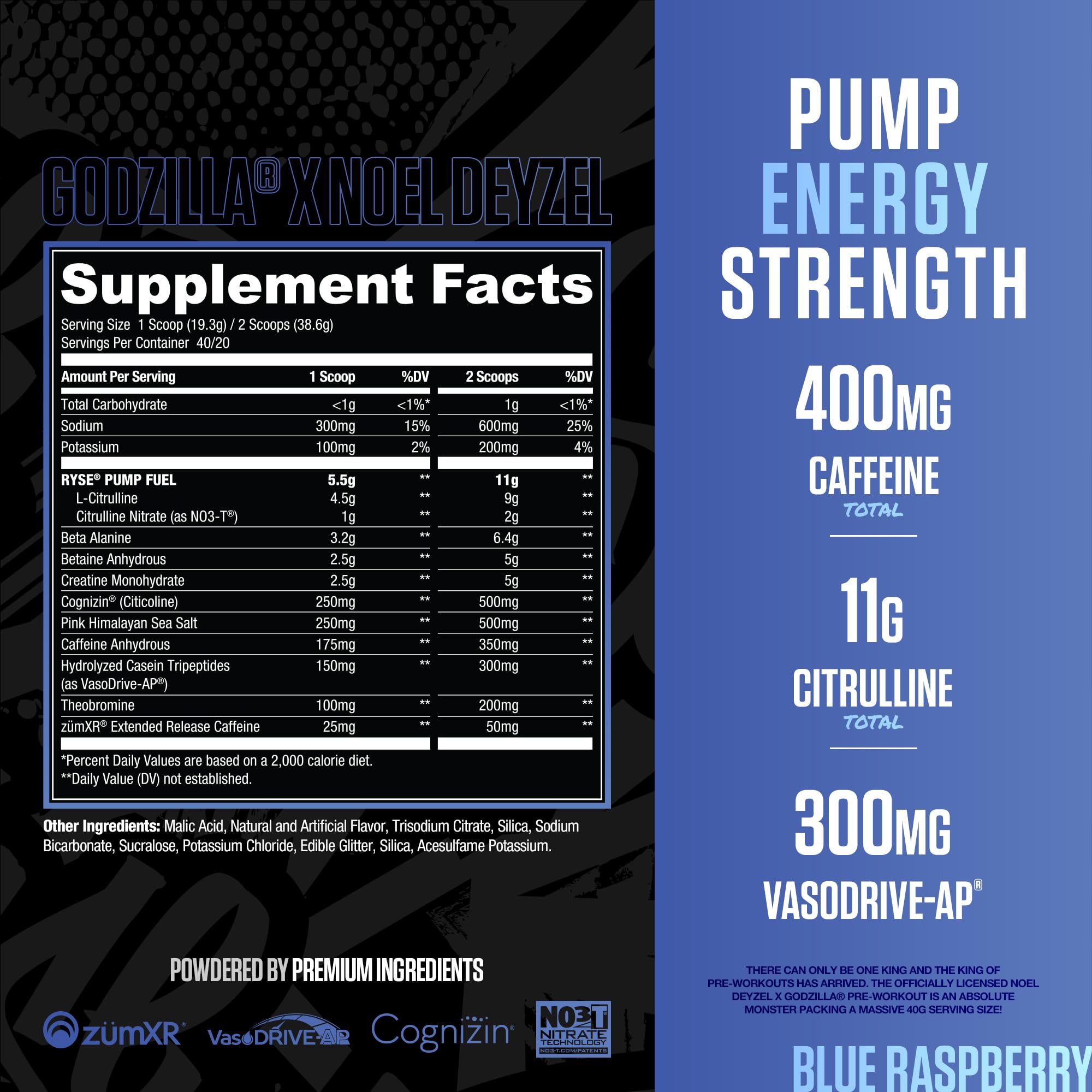 RYSE Godzilla blue raspberry label close-up highlighting the high-stim blend.