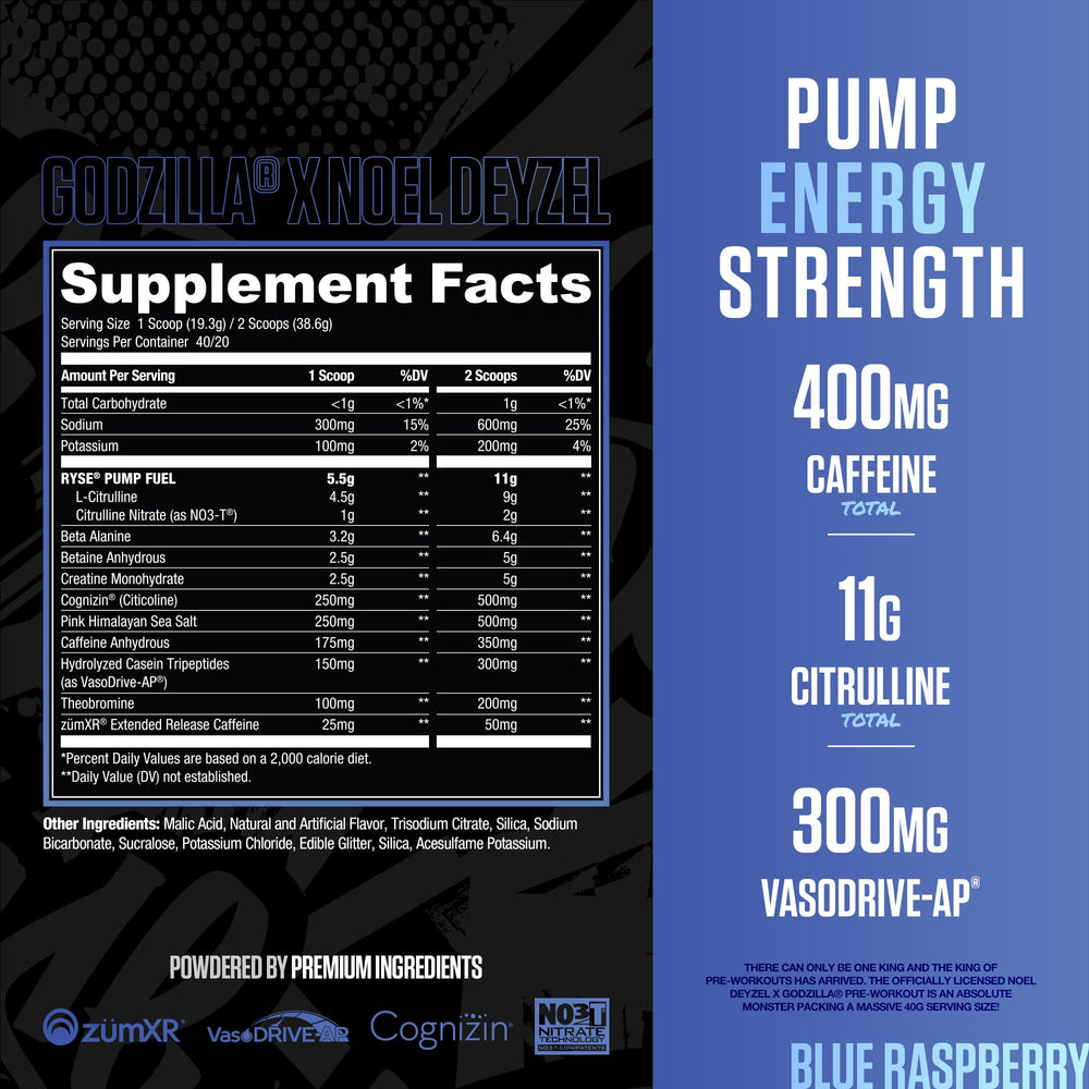 RYSE Godzilla blue raspberry label close-up highlighting the high-stim blend.