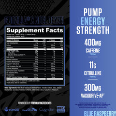 RYSE Godzilla blue raspberry label close-up highlighting the high-stim blend.