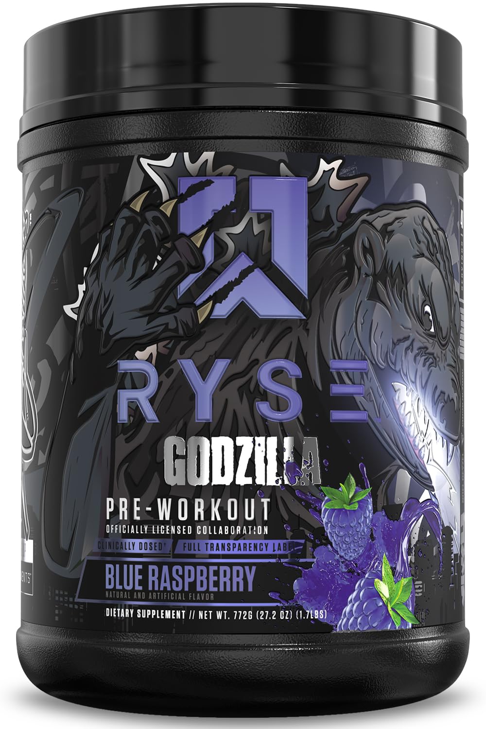 RYSE Godzilla blue raspberry powder bottle ready for a high-energy workout.