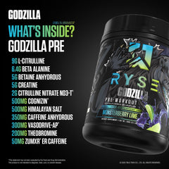 RYSE Godzilla Monsterberry Lime bottle highlights high-stim formula for serious workouts.