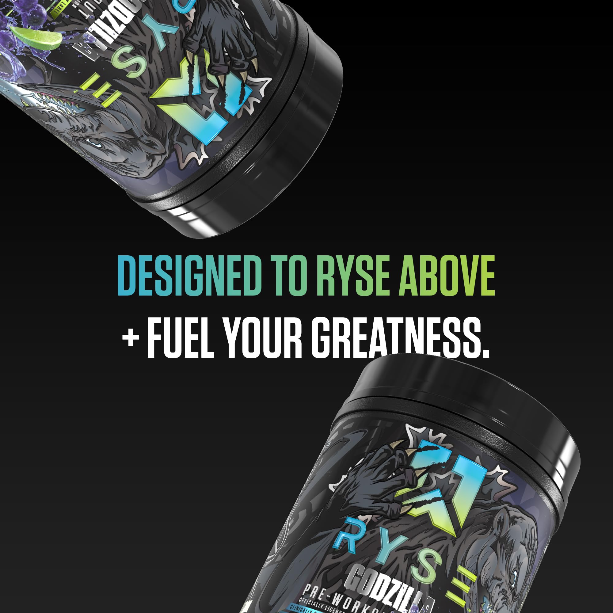 RYSE Godzilla Monsterberry Lime can emphasizes high-stim blend and electrolyte support.
