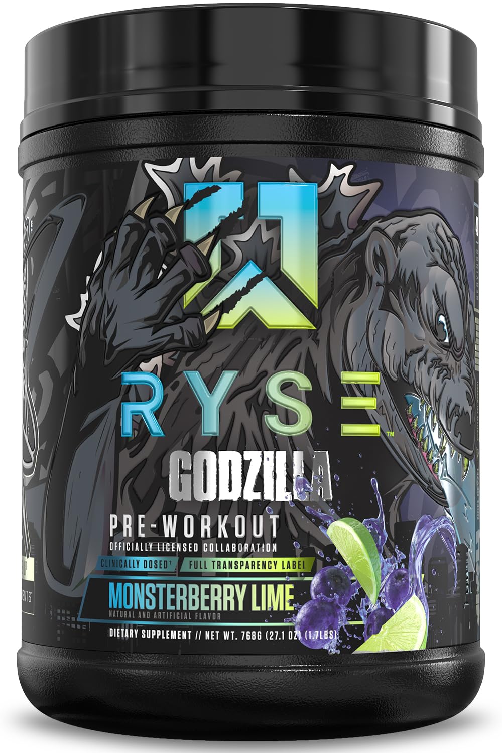 RYSE Godzilla Monsterberry Lime can boosts energy for powerful pre-workout sessions.