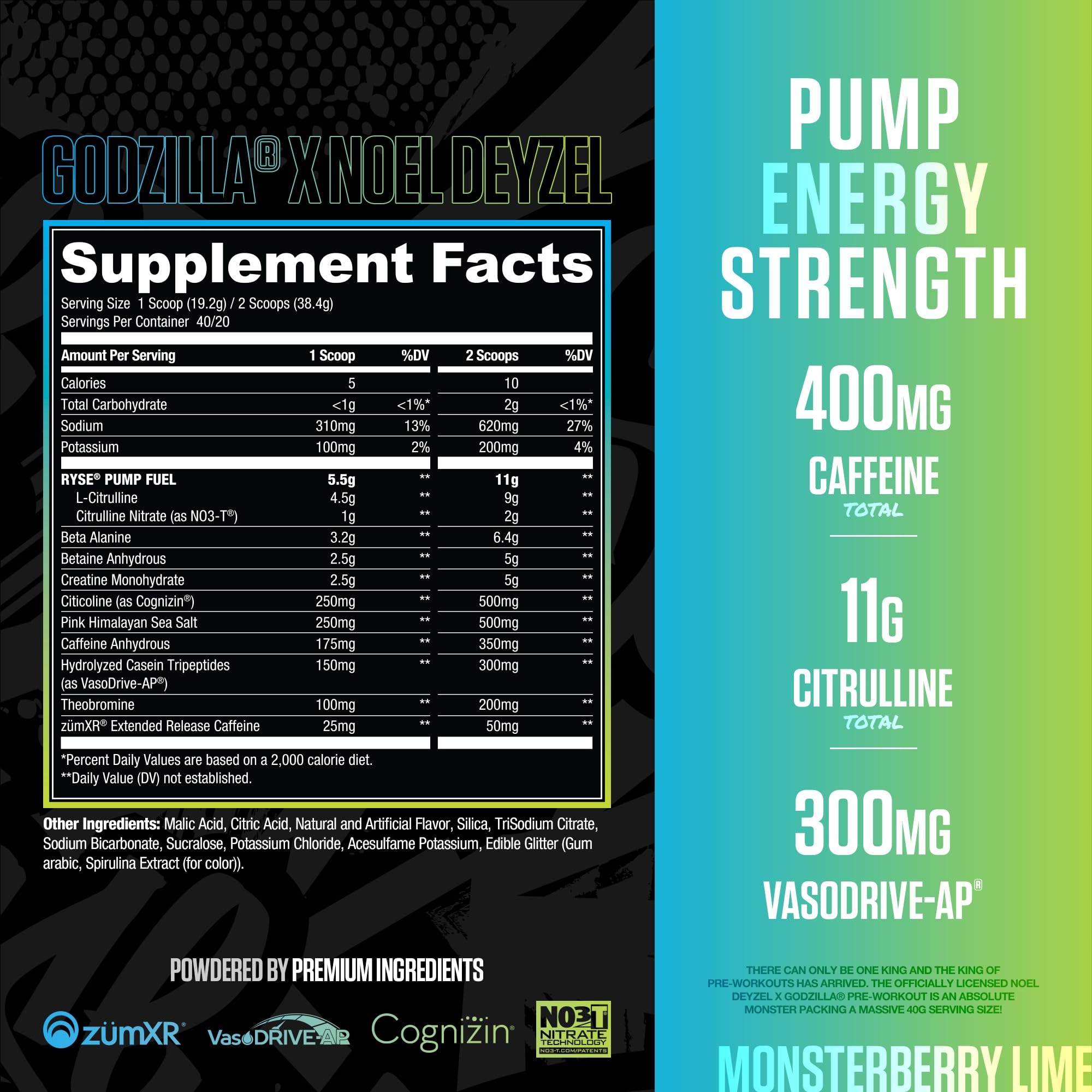 RYSE Godzilla Monsterberry Lime powder scoop ready to mix for quick, effective workouts.
