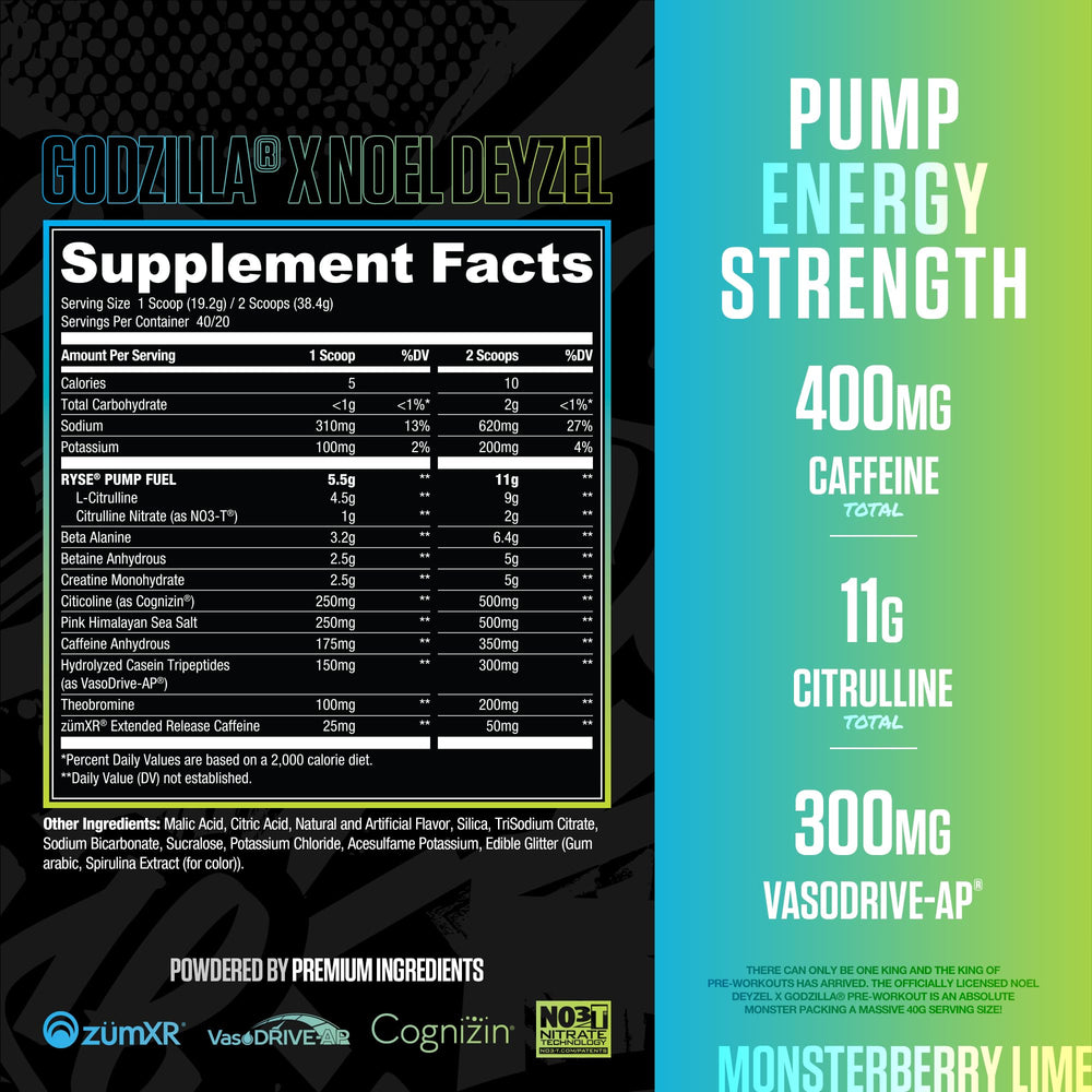 RYSE Godzilla Monsterberry Lime powder scoop ready to mix for quick, effective workouts.