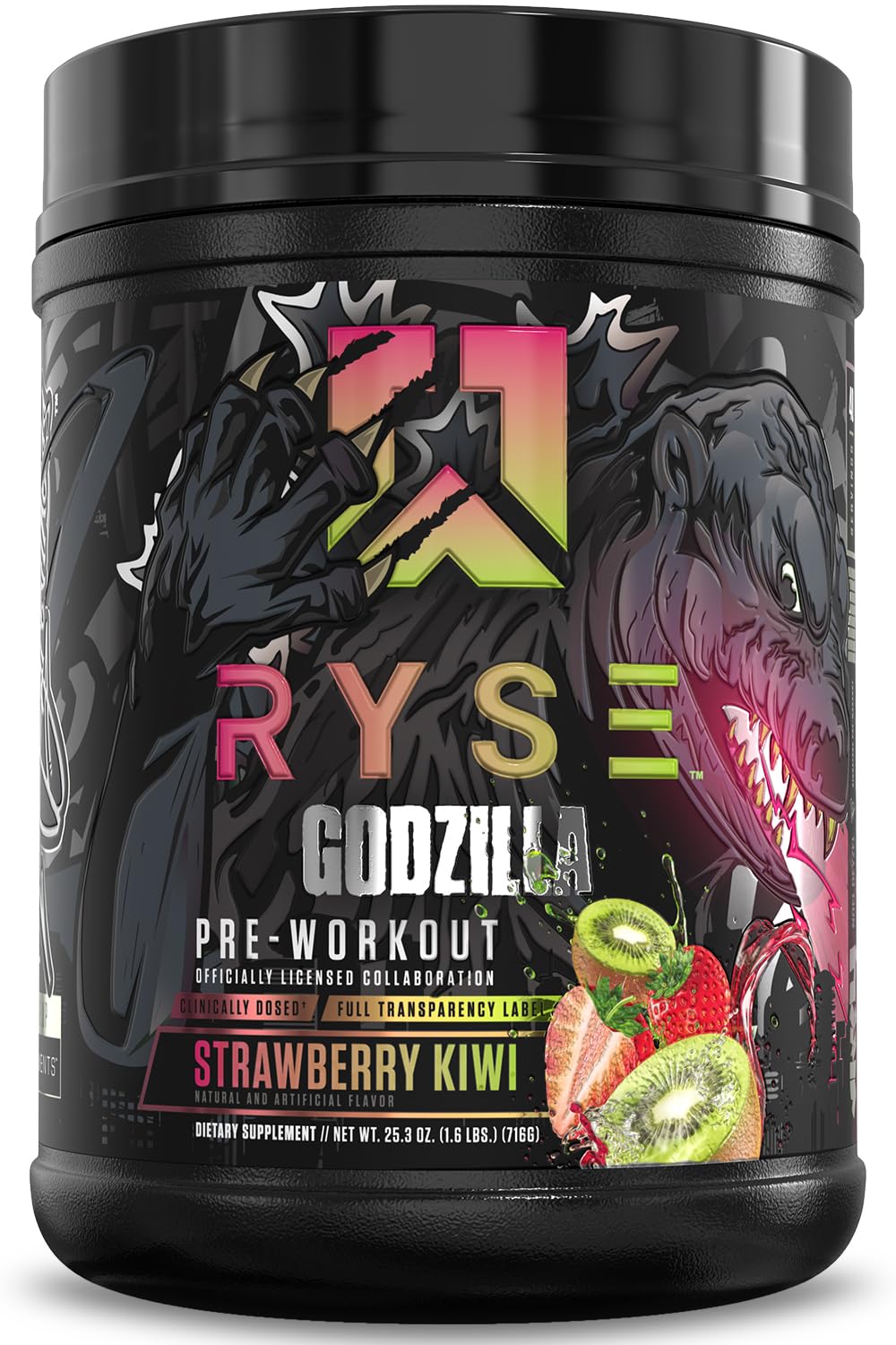 RYSE Godzilla pre-workout label in Strawberry Kiwi boosts training energy