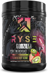RYSE Godzilla pre-workout label in Strawberry Kiwi boosts training energy