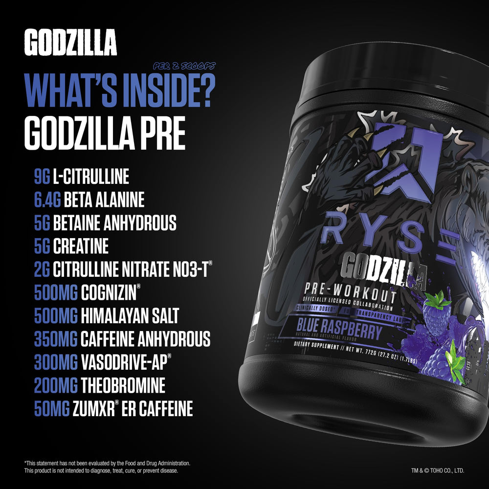 RYSE Godzilla blue raspberry shaker cup ready for quick mix before training.