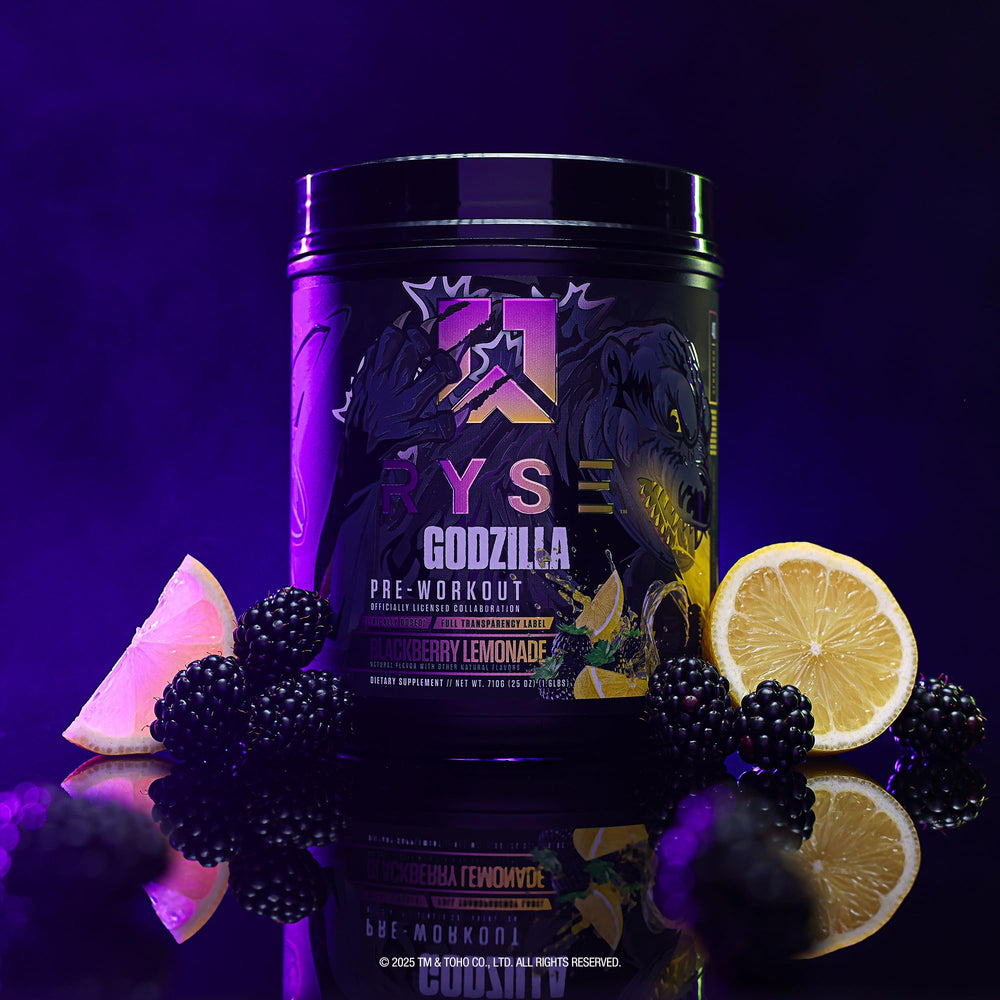 RYSE Godzilla X Noel Deyzel beta-alanine graphic suggests endurance benefits.