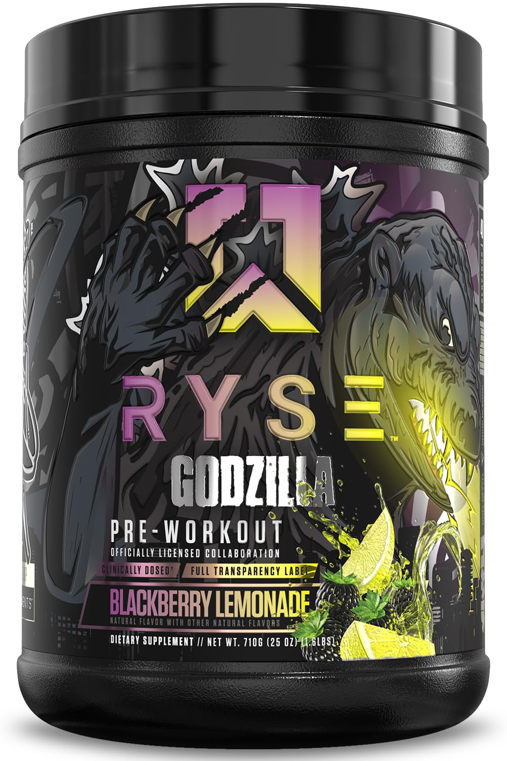 RYSE Godzilla X Noel Deyzel pre-workout tub label showcases BlackBerry Lemonade flavor for energized workouts.