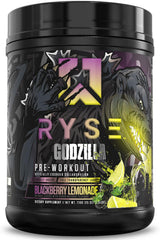 RYSE Godzilla X Noel Deyzel pre-workout tub label showcases BlackBerry Lemonade flavor for energized workouts.