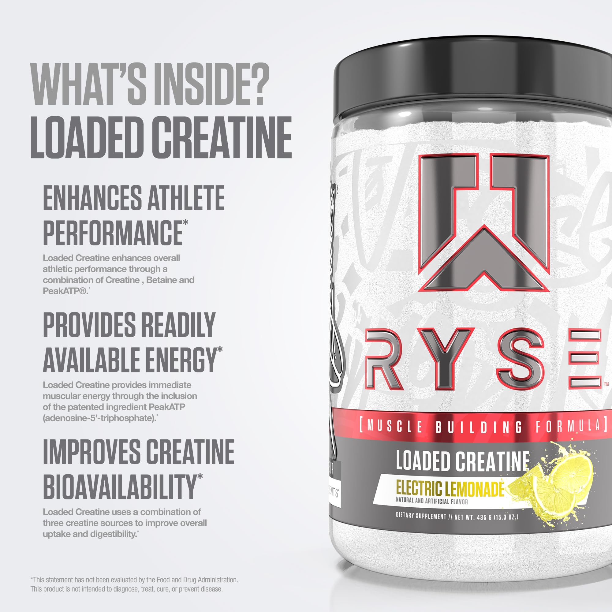 RYSE Loaded Creatine label highlights betaine anhydrous and Peak ATP for performance.