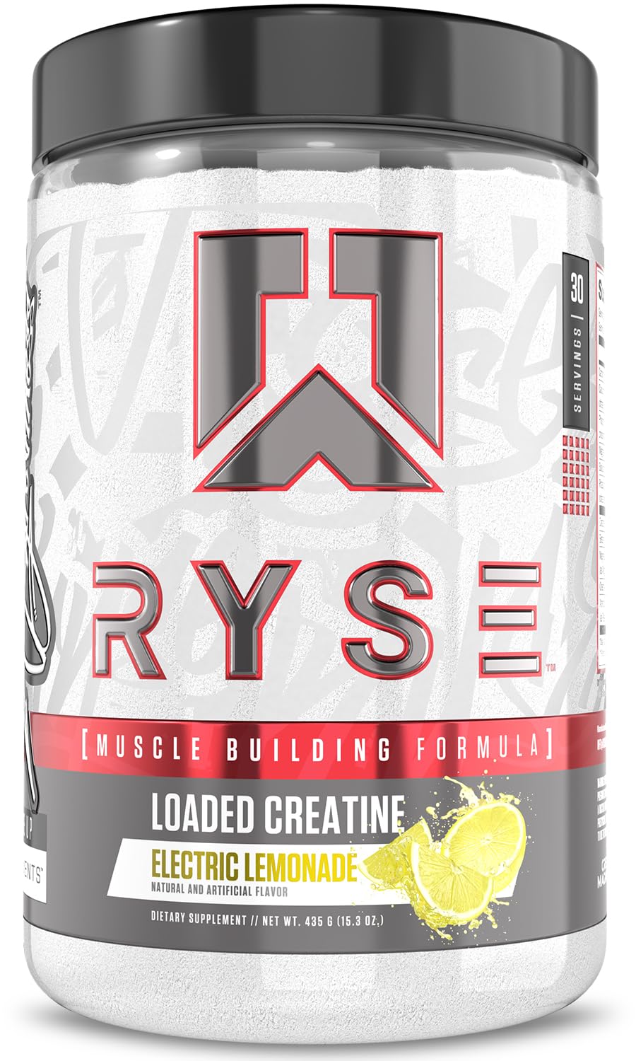 RYSE Loaded Creatine Electric Lemonade bottle highlights the energy-boosting formula for workouts.