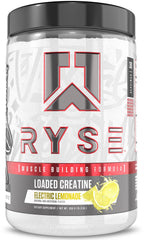 RYSE Loaded Creatine Electric Lemonade bottle highlights the energy-boosting formula for workouts.