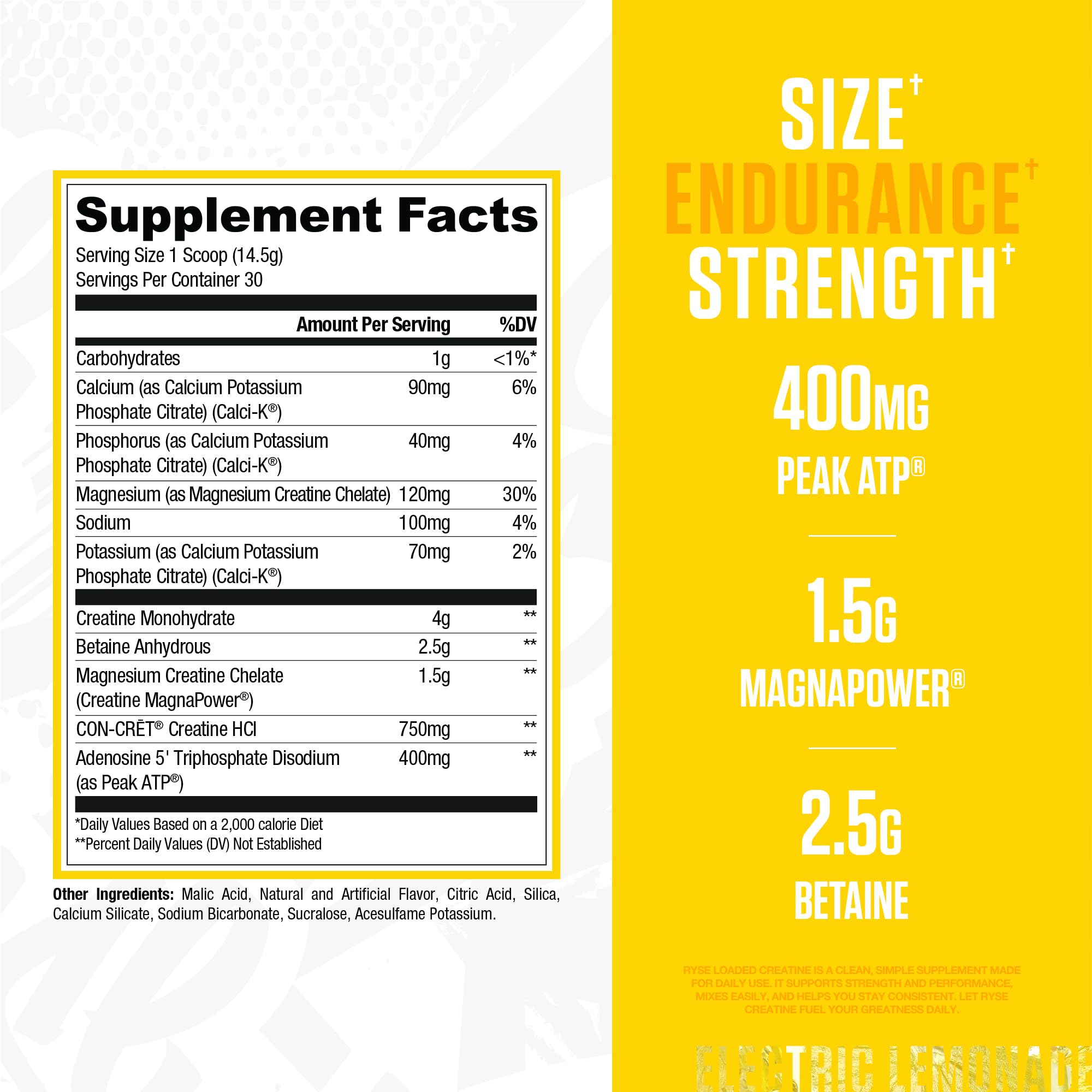 Close-up of the RYSE Loaded Creatine Electric Lemonade scoop showing powder readiness.