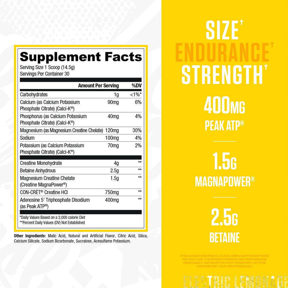 Close-up of the RYSE Loaded Creatine Electric Lemonade scoop showing powder readiness.