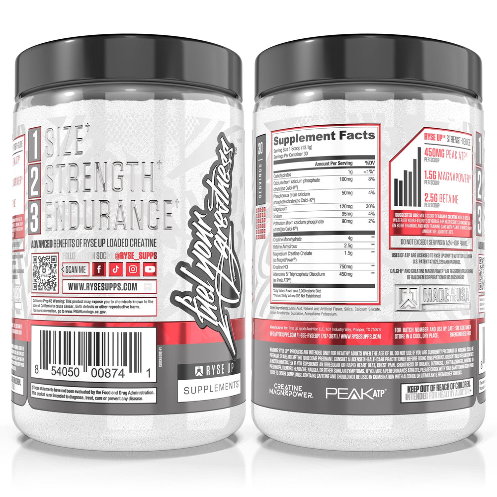 RYSE Loaded Creatine on gym bench illustrates seamless in-workout integration.