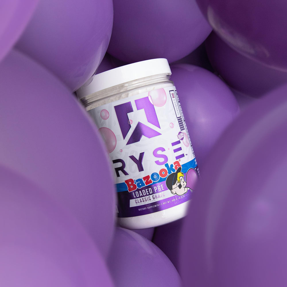 Close-up of RYSE Bazooka Grape label highlighting caffeine blend.