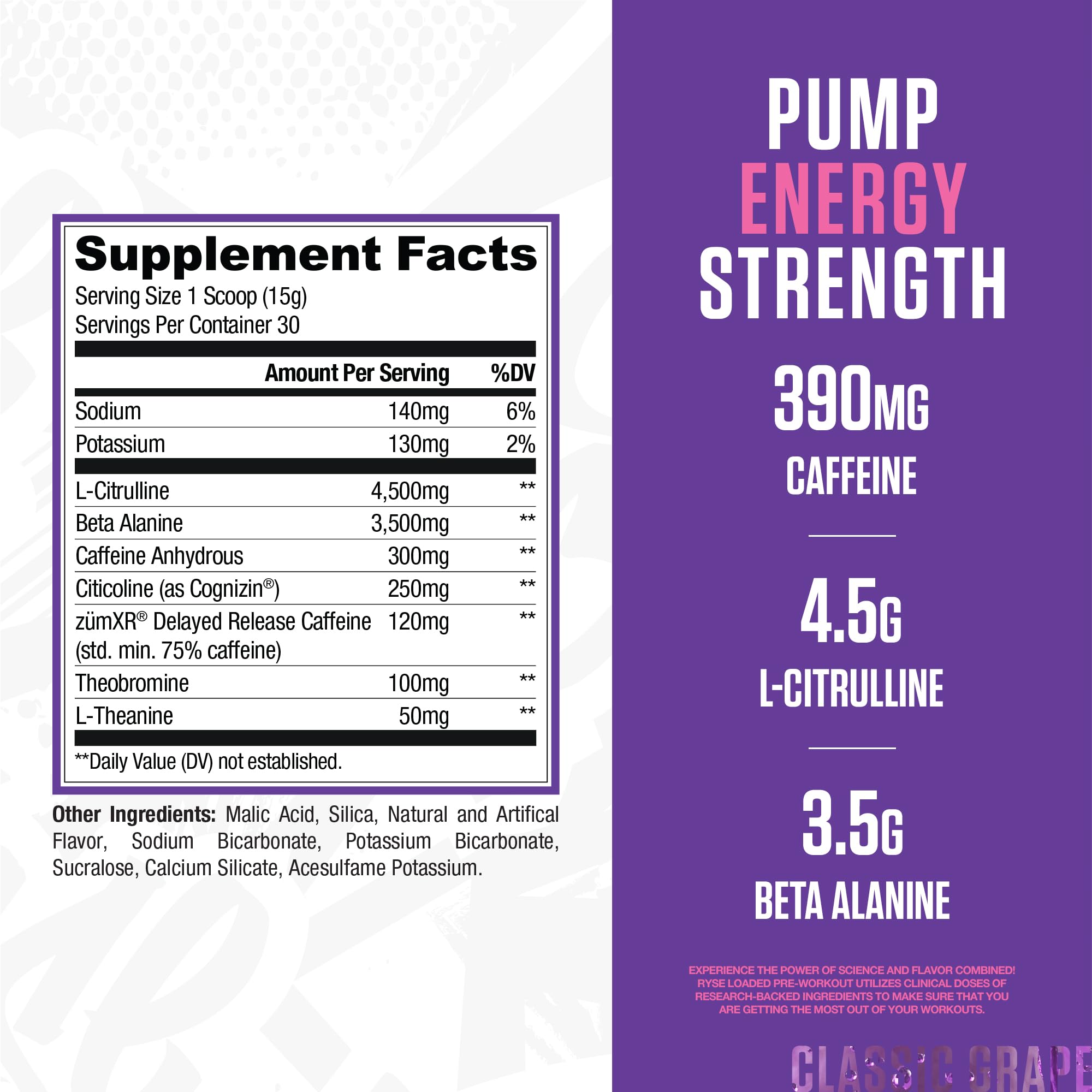 RYSE scoop dispensing Bazooka Grape powder for quick, consistent pre-workout mix.