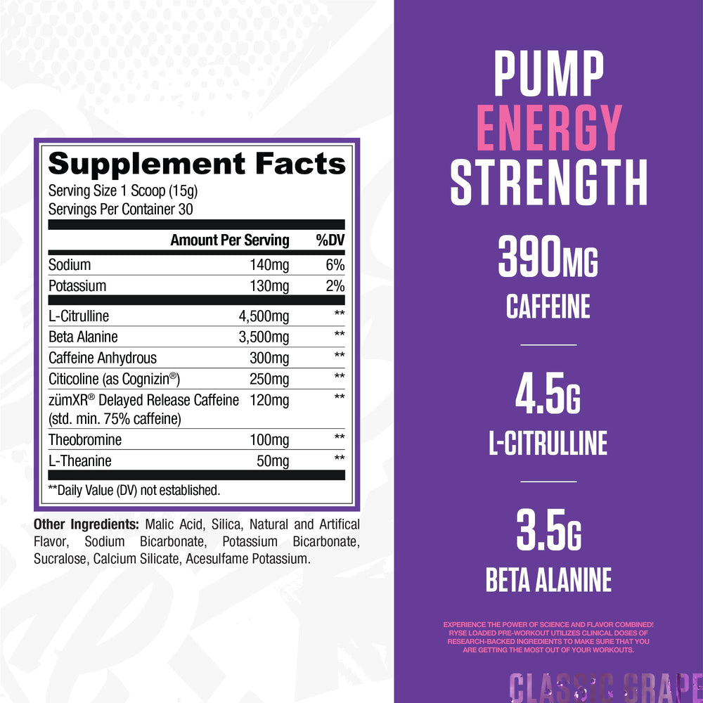 RYSE scoop dispensing Bazooka Grape powder for quick, consistent pre-workout mix.