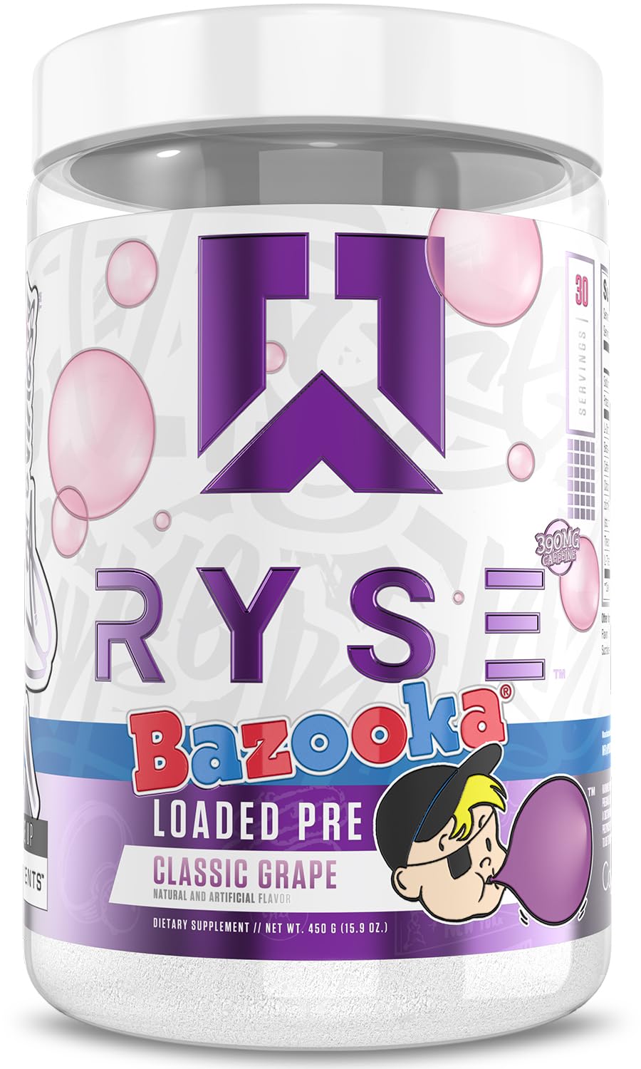 RYSE Loaded Bazooka Grape tub front for daily pre-workout energy and focus.