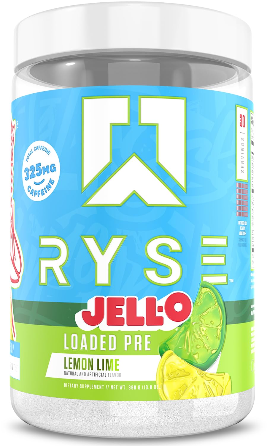 RYSE Loaded Pre-Workout Jell-O Lemon Lime tub ready for a high-energy session with sustained focus.