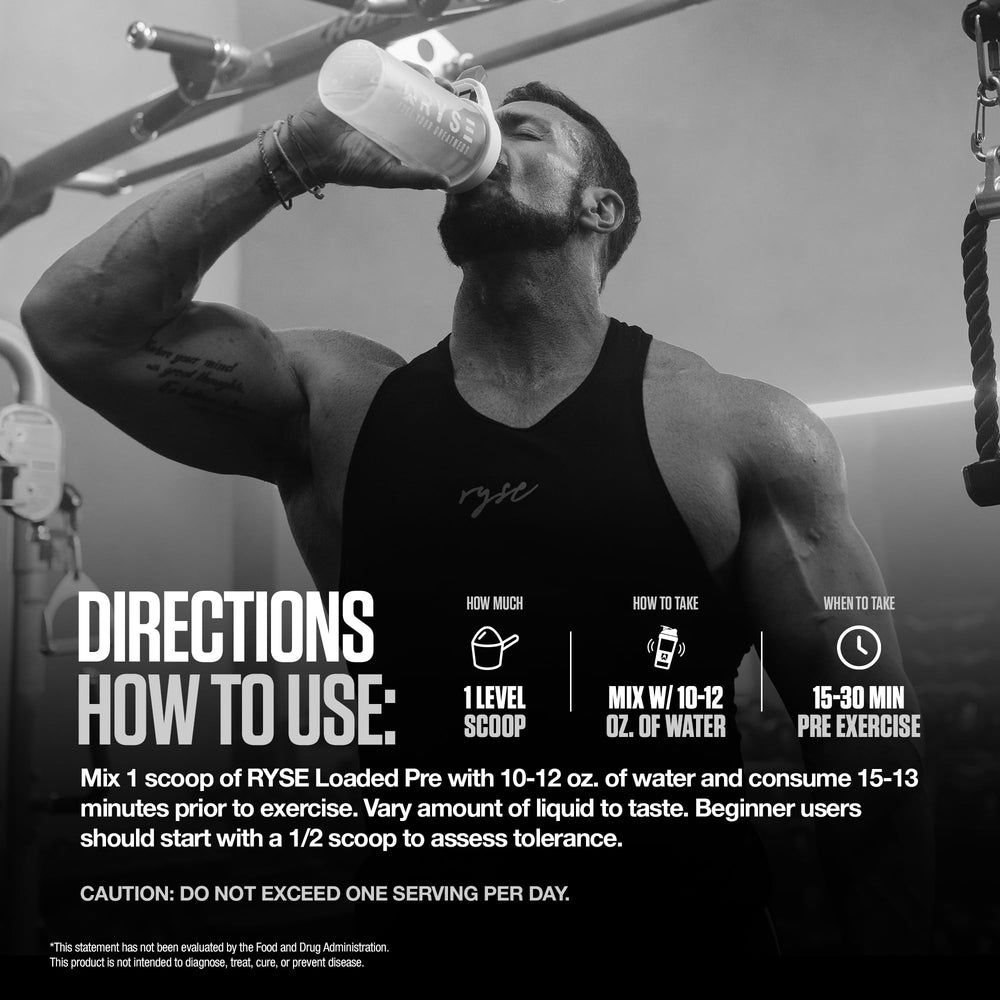 RYSE Loaded Pre-Workout label details emphasizing ingredients, purity, and lab-tested assurance.