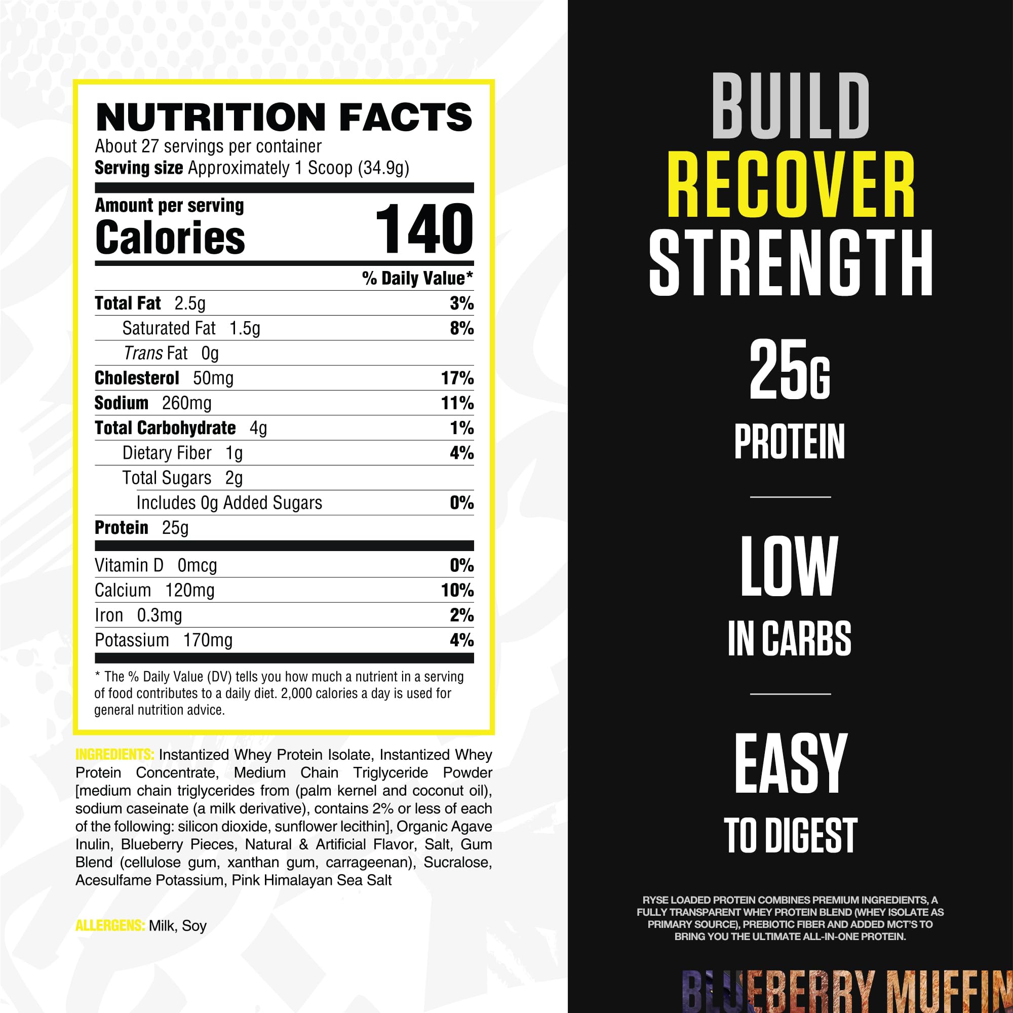 RYSE Loaded Protein scoop of blueberry muffin powder for a quick post-workout shake