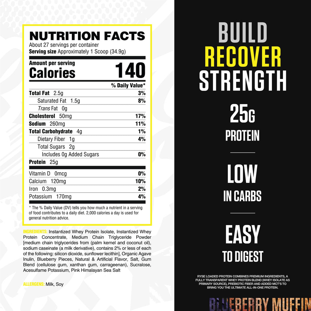 RYSE Loaded Protein scoop of blueberry muffin powder for a quick post-workout shake