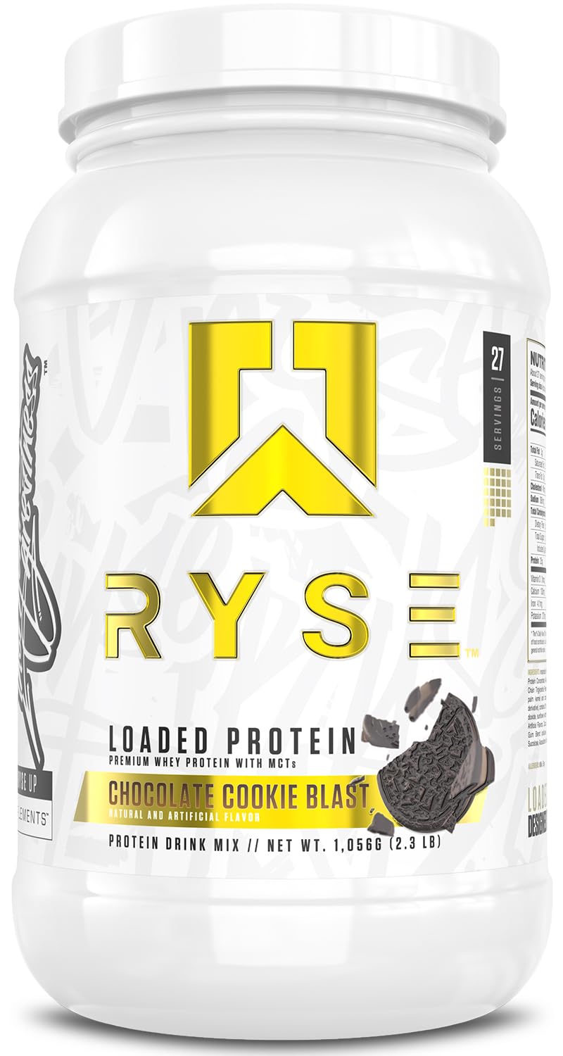 RYSE Loaded Protein Powder Chocolate Cookie Blast bottle view supports post-workout recovery with convenient shakes.