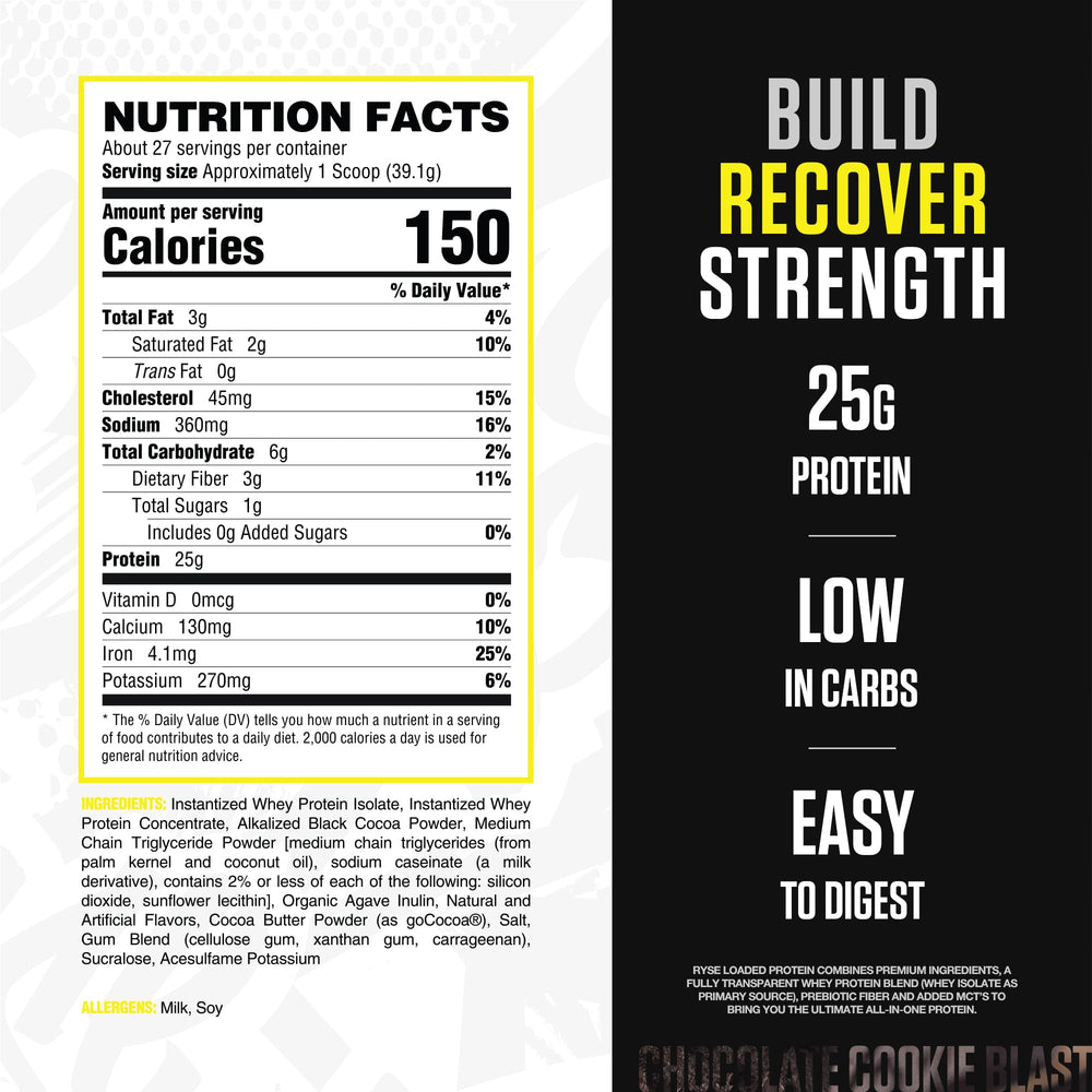 RYSE Loaded Protein Powder scoop close-up highlights convenient protein intake after training.