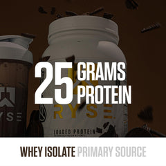 RYSE Loaded Protein Powder shake image shows creamy chocolate flavor for after workouts.