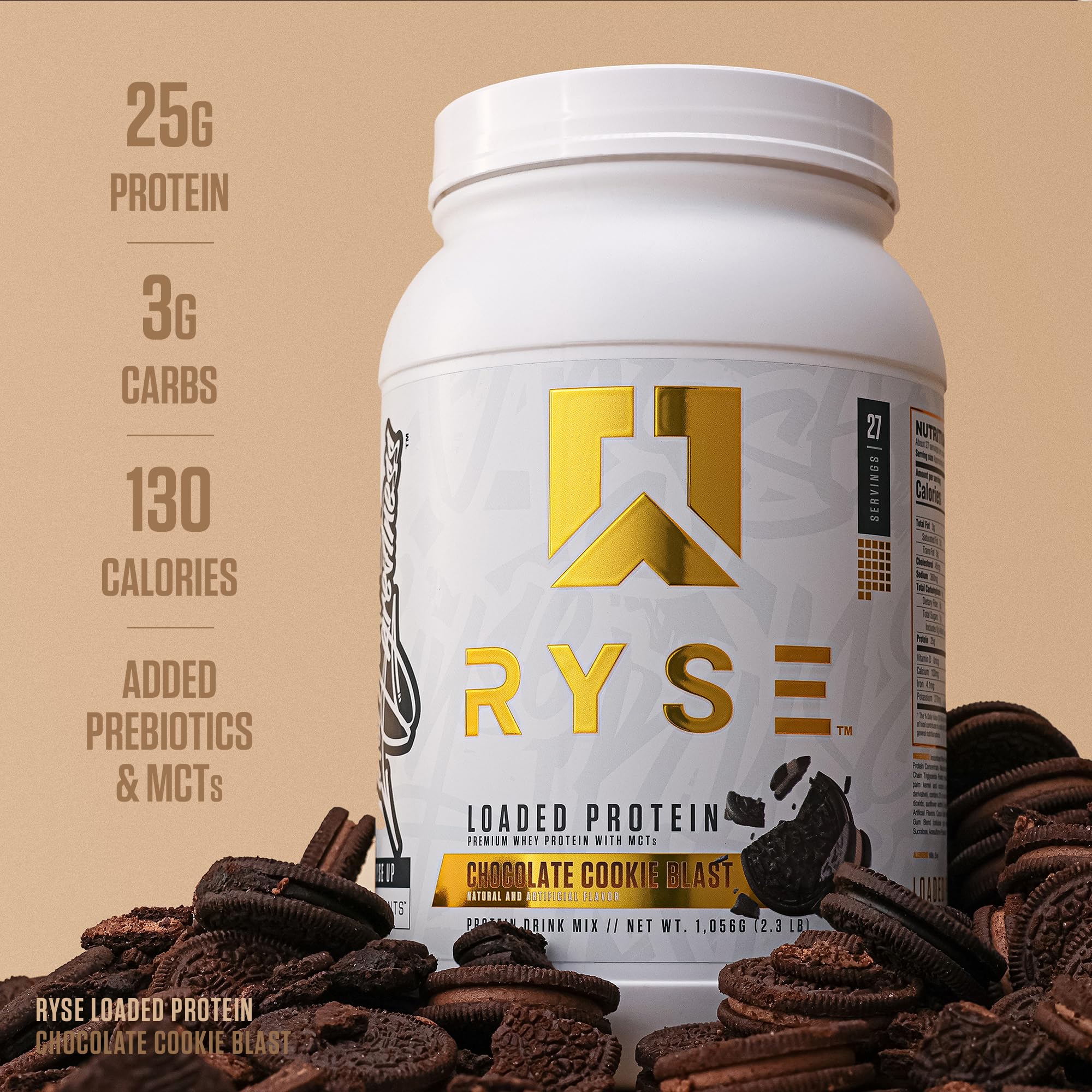 RYSE Loaded Protein Powder texture close-up emphasizes smooth blending and easy digestion.