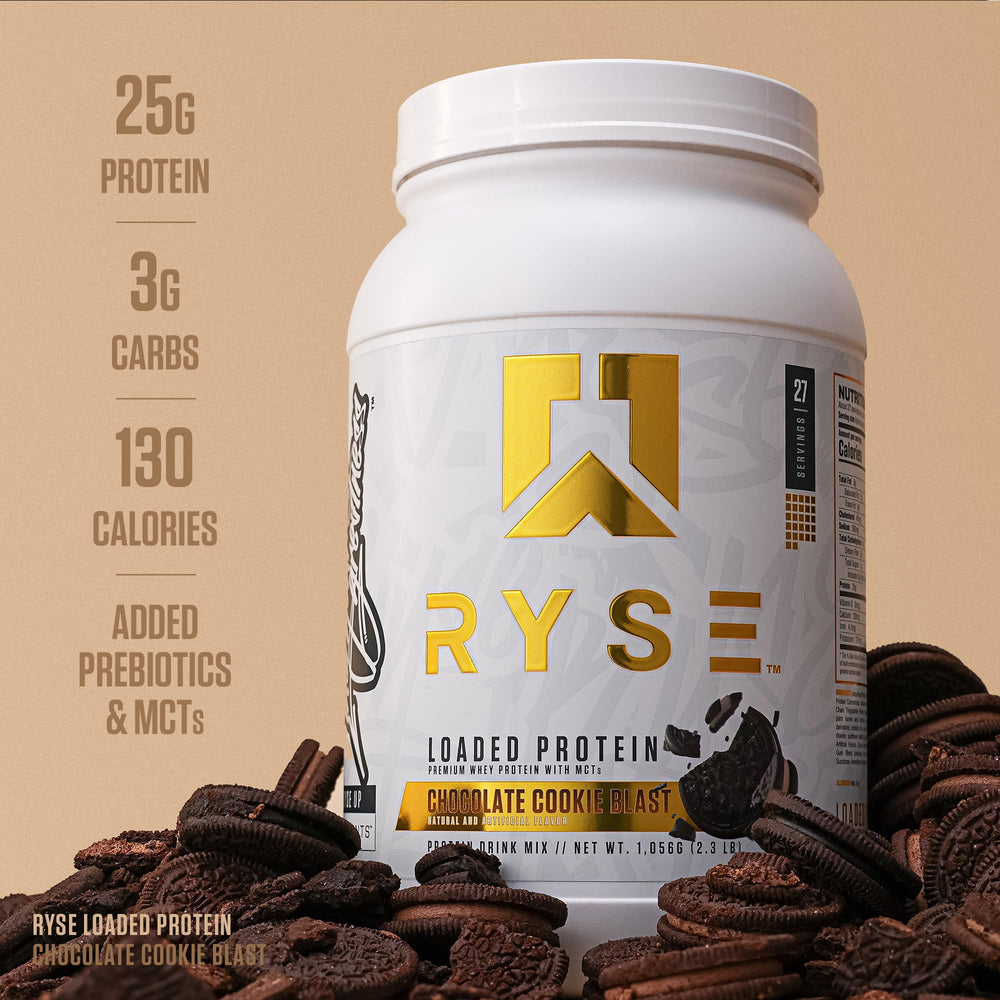 RYSE Loaded Protein Powder texture close-up emphasizes smooth blending and easy digestion.