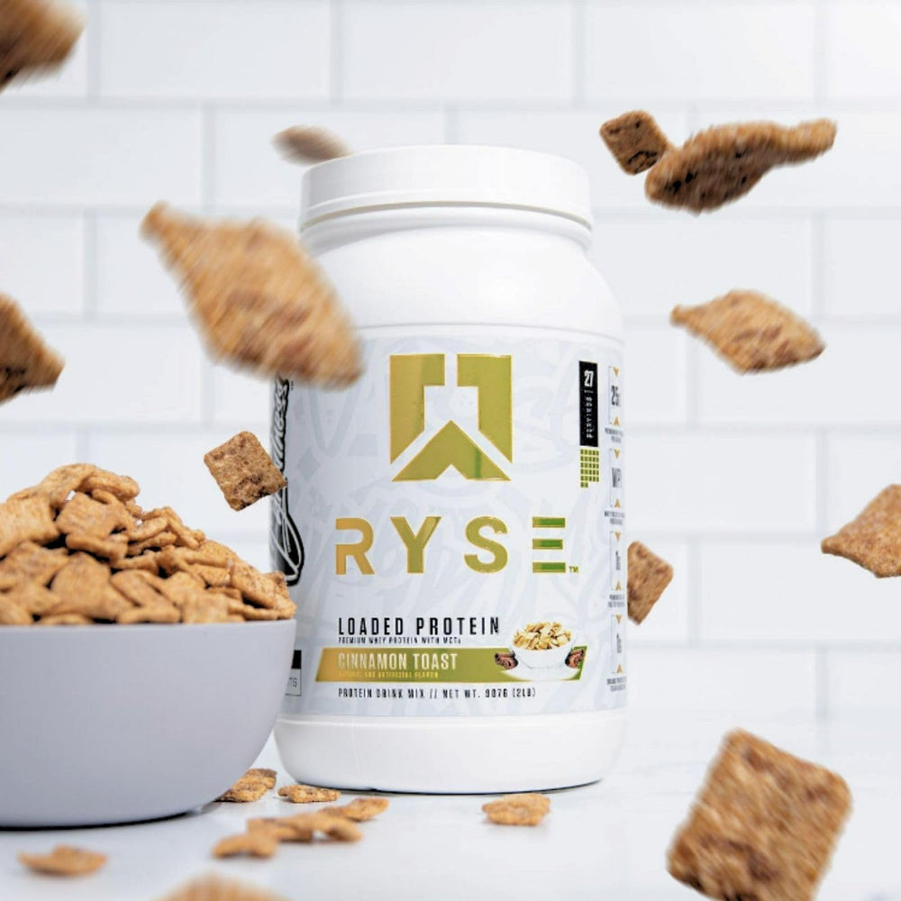 RYSE Loaded Protein Cinnamon Toast ingredients panel highlights prebiotic fiber and MCTs.