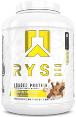 RYSE Loaded Protein Cinnamon Toast bottle label demonstrates premium protein for workouts.