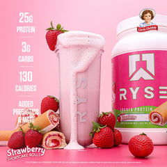 Ingredients label showing whey with prebiotic fiber in RYSE powder.