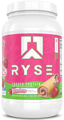 RYSE Loaded Protein tub front with Little Debbie flavor for workouts.
