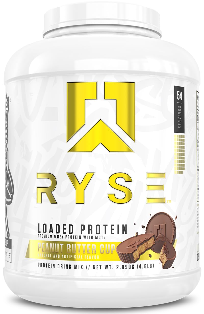 RYSE Loaded Protein Peanut Butter Cup bottle showcases premium protein for muscle recovery and great taste.