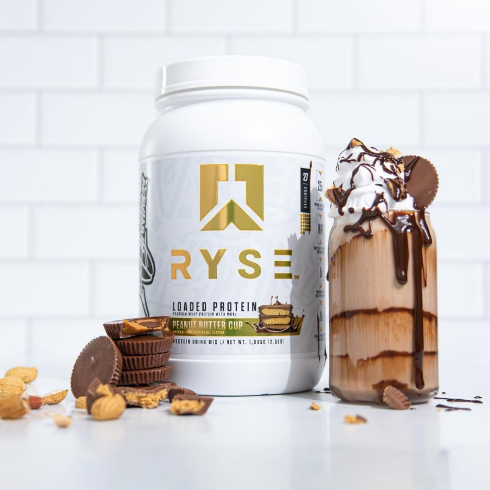 RYSE Loaded Protein Peanut Butter Cup label highlights clean ingredients and high protein per serving.