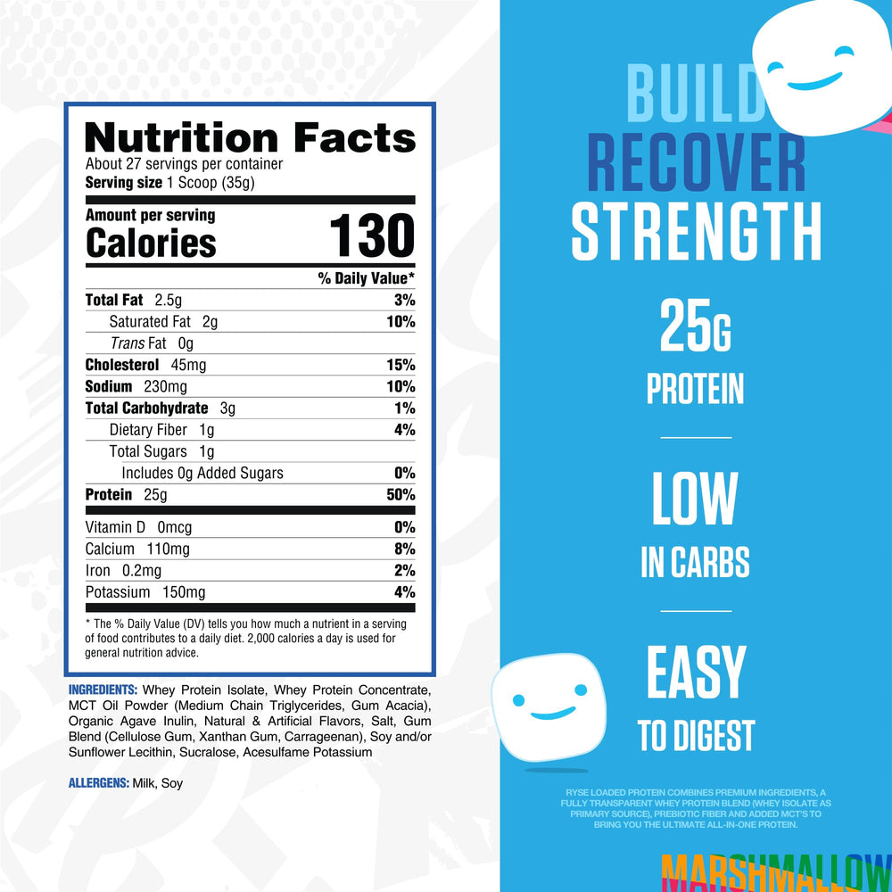 RYSE Loaded powder scoop displays jet-puffed marshmallow serving for quick protein intake