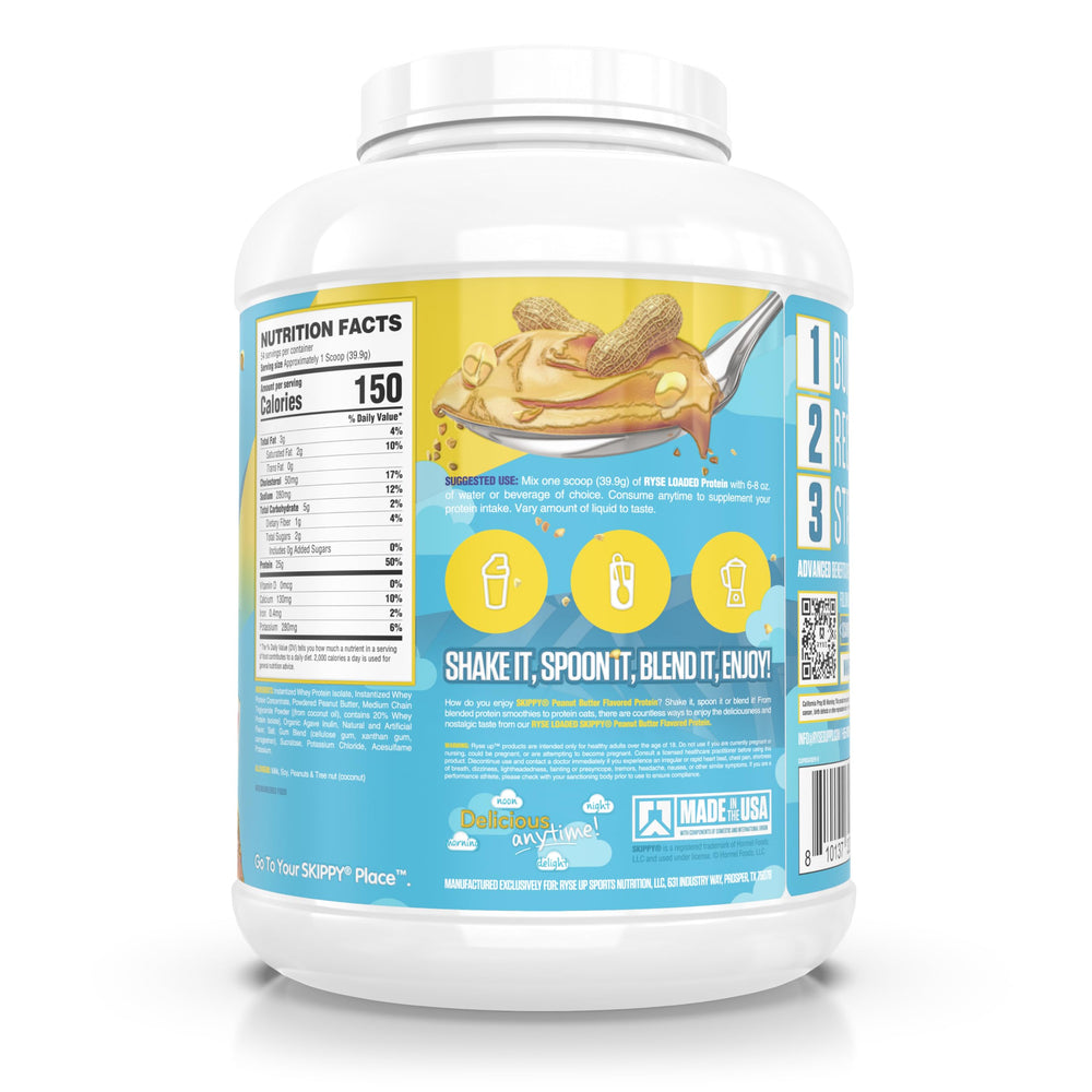 RYSE Loaded Protein Powder Skippy Peanut Butter serving cup for quick energy and easy mixing.
