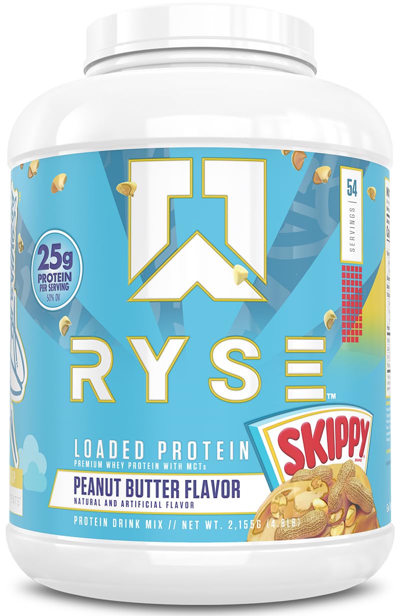 RYSE Loaded Protein Powder Skippy Peanut Butter tub front, ideal post-workout recovery.