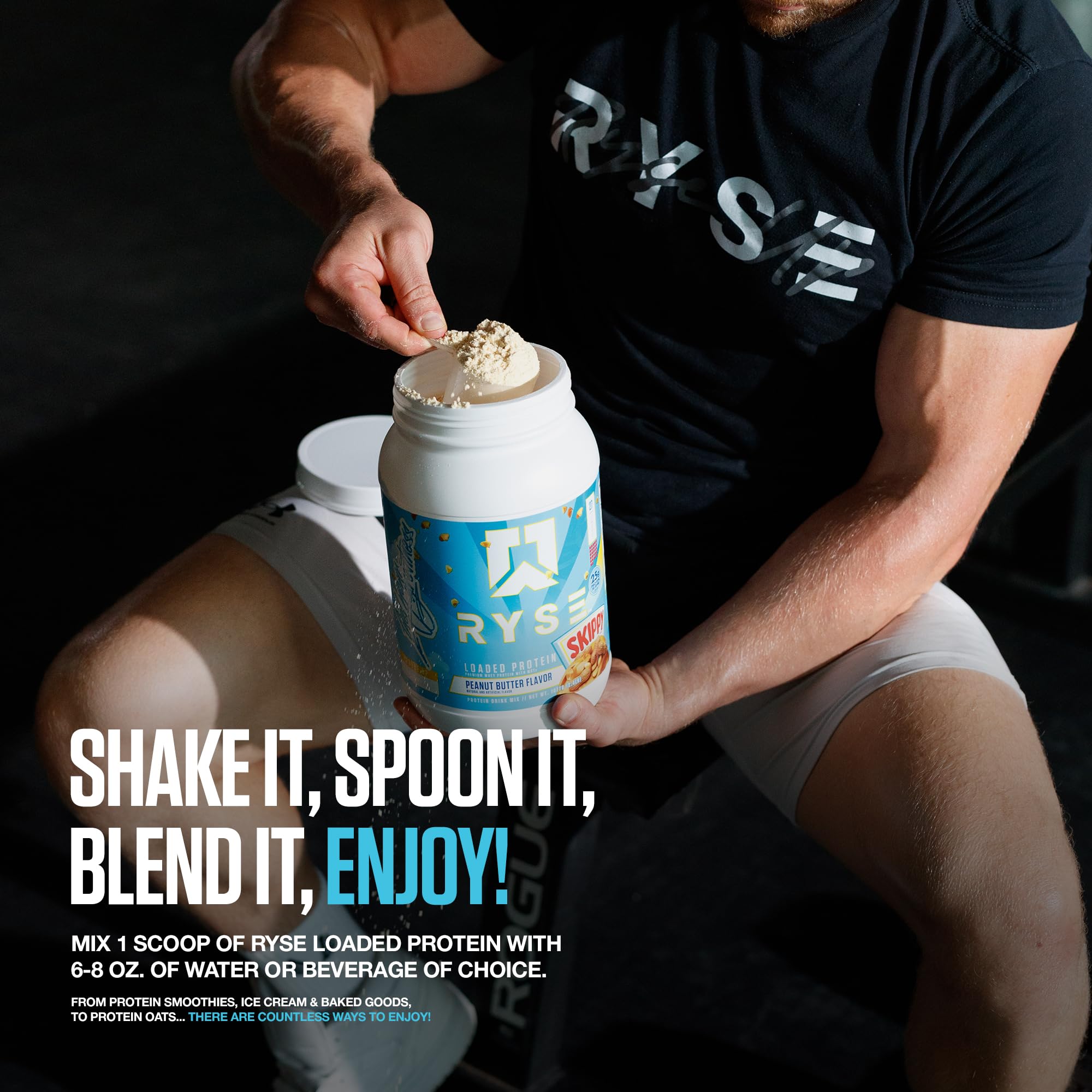 Closeup of RYSE Loaded Protein tub for lean daily nutrition.